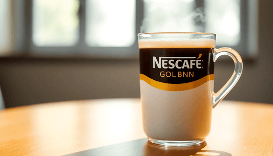 A steaming cup of Nescafe Gold Blend coffee on table