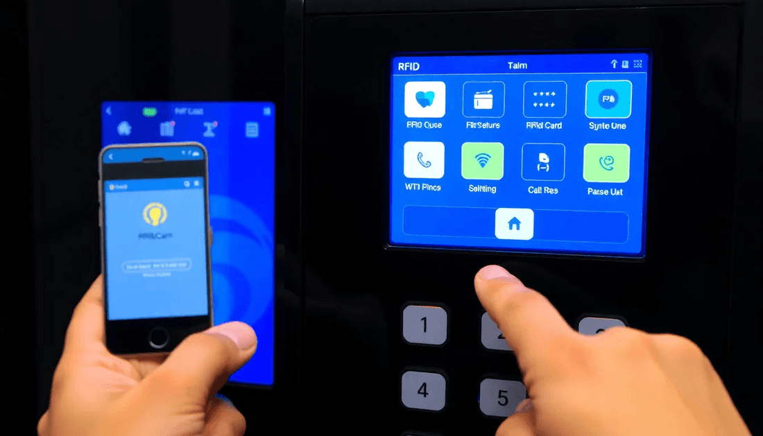 User interacting with a coffee machine with RFID payment using a smartphone and touchscreen interface
