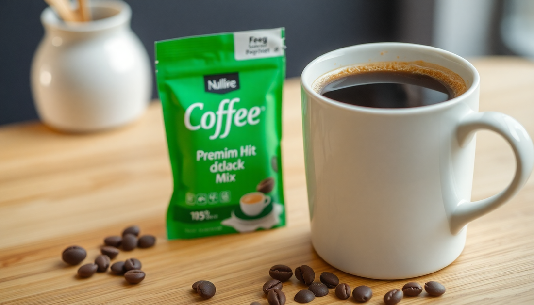 A cup of coffee next to a coffee premix packet