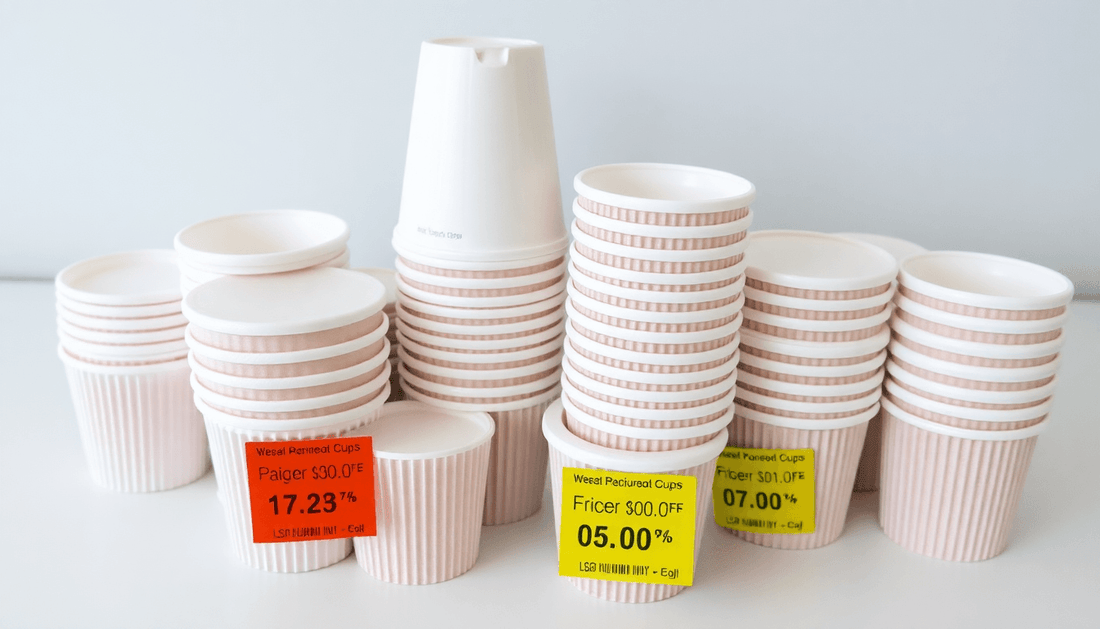 Stack of 100 ml paper cups with price tags