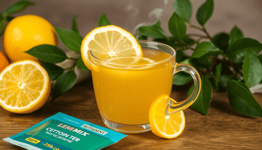 A cup of steaming lemon tea with premix packet
