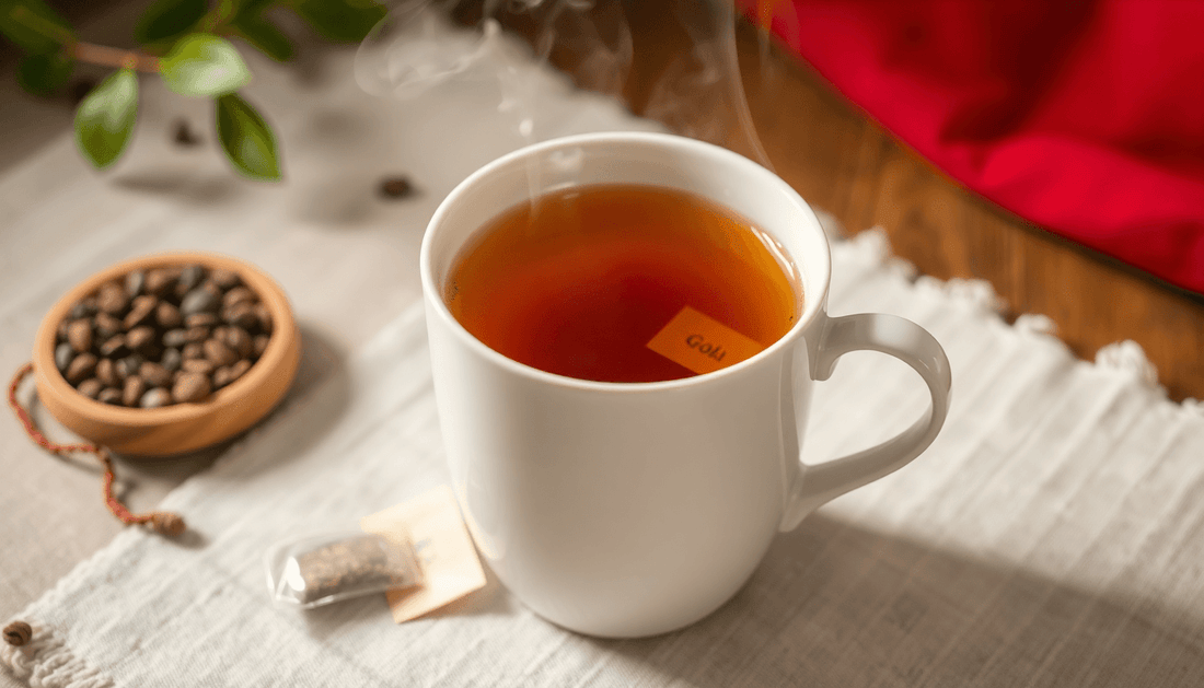 A steaming cup of Assam tea with tea bags
