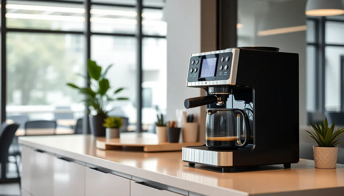 Modern kitchen countertop with a sleek black Atlantis coffee machine brewing fresh coffee in a glass carafe