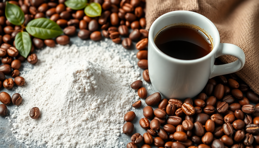 Fresh coffee beans and powder with coffee cup