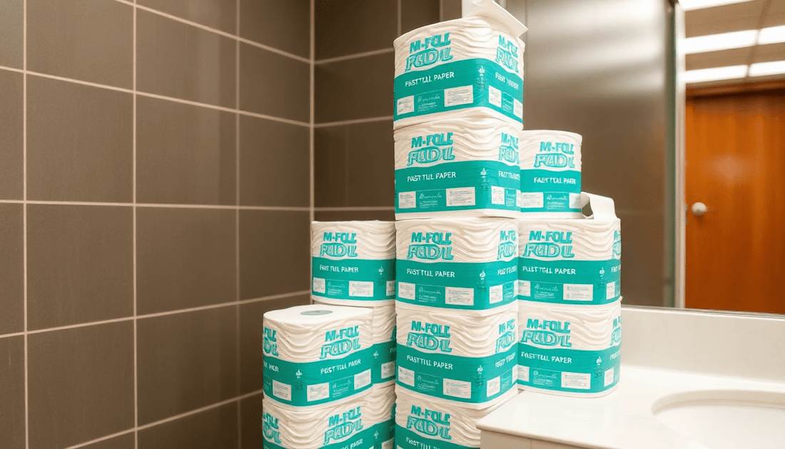 Stack of M-Fold tissue paper in a commercial restroom