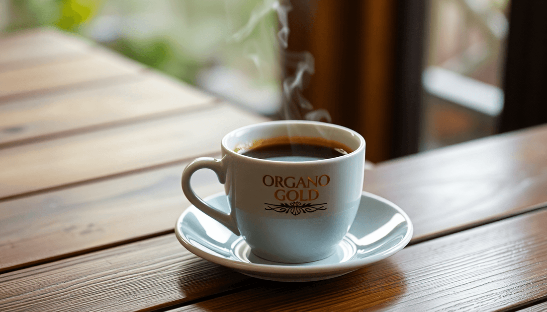 A steaming cup of Organo Gold coffee on a wooden table