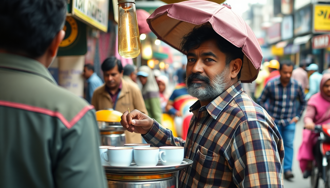 A tea vendor serving premix tea in a busy Noida market
