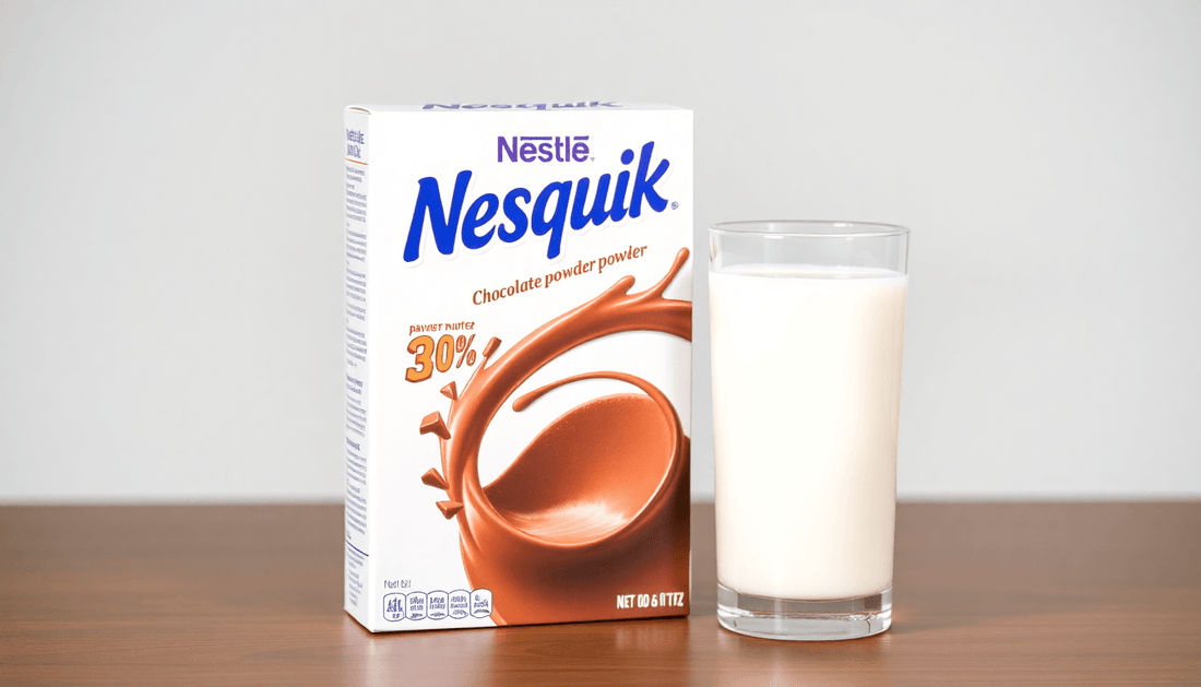 A Nestle Nesquik chocolate powder box with a glass of milk