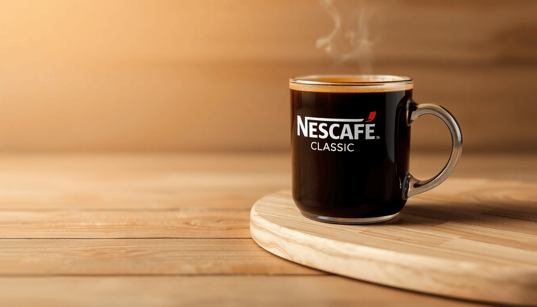 A steaming cup of Nescafe Classic Coffee on a wooden table