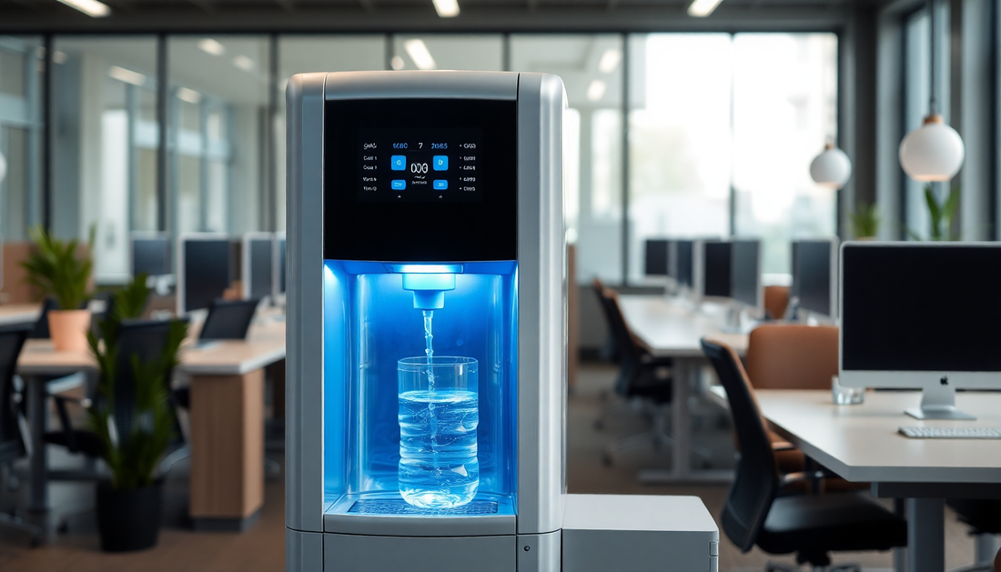 Modern hot and cold water dispenser Noida in a bright office setting with glass of water being filled