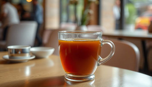 A cup of steaming masala tea on a café table