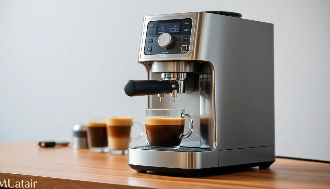Modern coffee machine brewing espresso with coffee cups in background featuring coffee premix near me