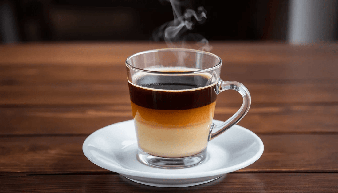 A steaming cup of premixed coffee on a wooden table