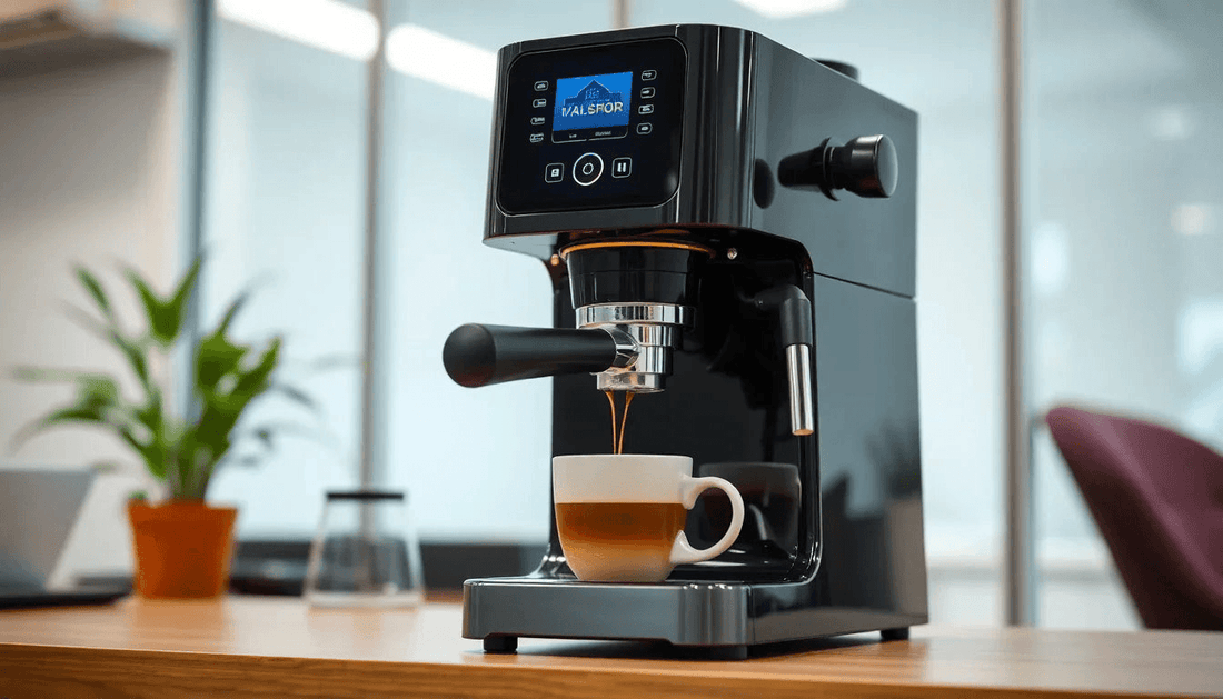 A modern coffee machine brewing coffee in Rampur office