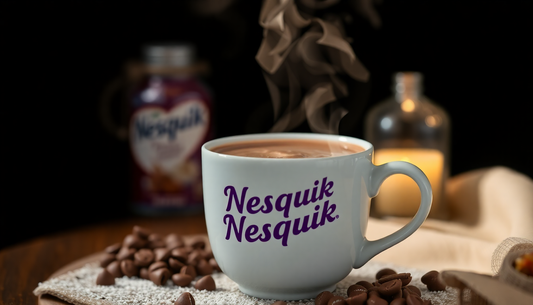 A steaming cup of hot chocolate with Nesquik packaging