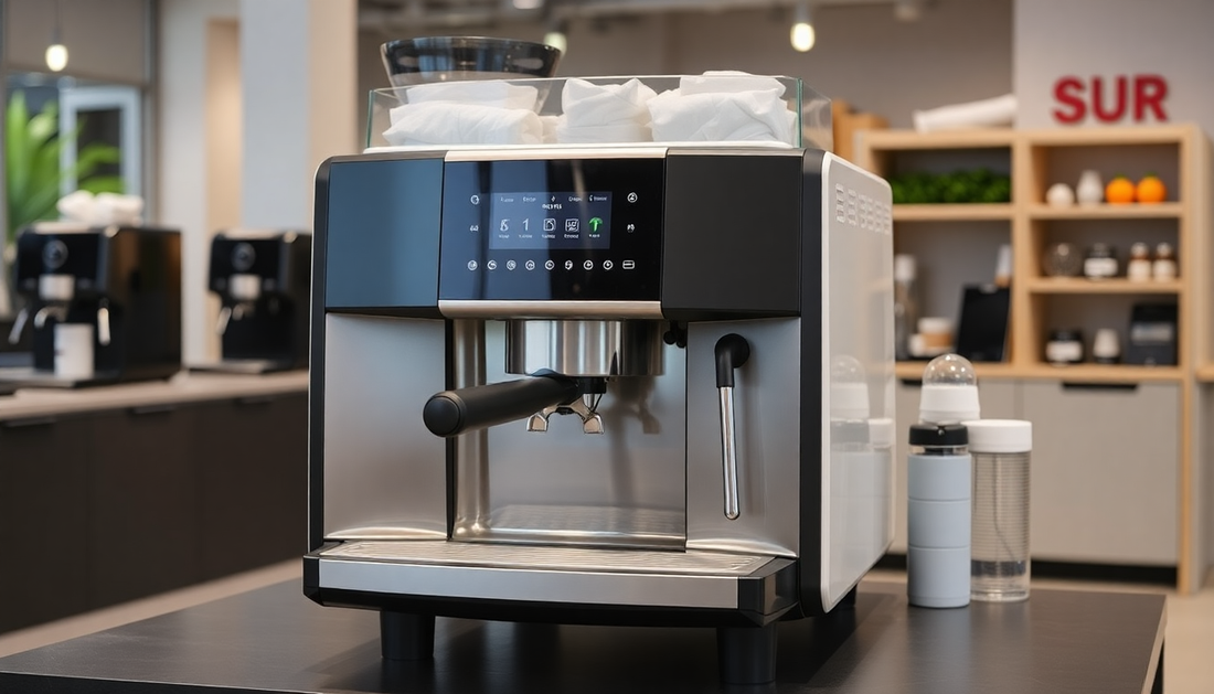 Modern coffee machine on countertop from coffee machine supplier secror 62 near me in a cafe setting