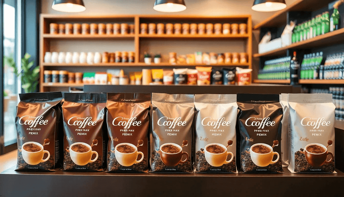 Coffee premix packages displayed in a modern store