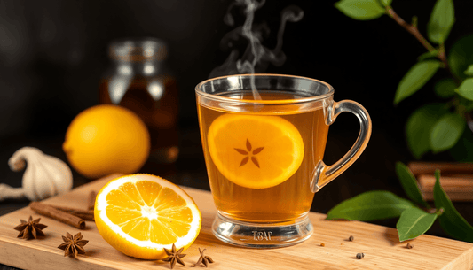 A steaming cup of lemon masala tea with spices