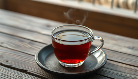 Glass cup of steaming black tea on a saucer with wooden table showing Atlantis Kadak Tea premix price