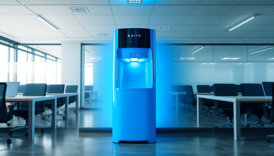 Atlantis Blue S water dispenser Delhi placed in a modern office with desks and chairs in the background