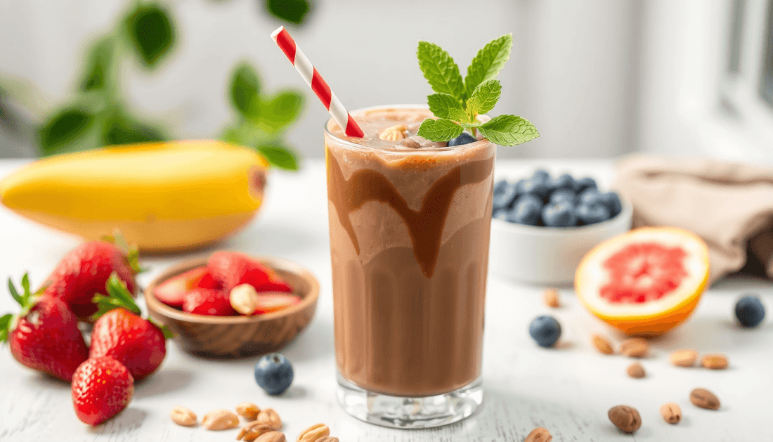 A glass of chocolate milk with fresh fruits and nuts