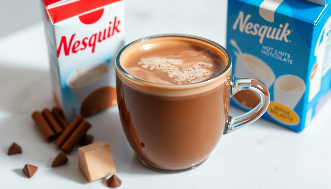 A warm cup of Nesquik hot chocolate with milk carton