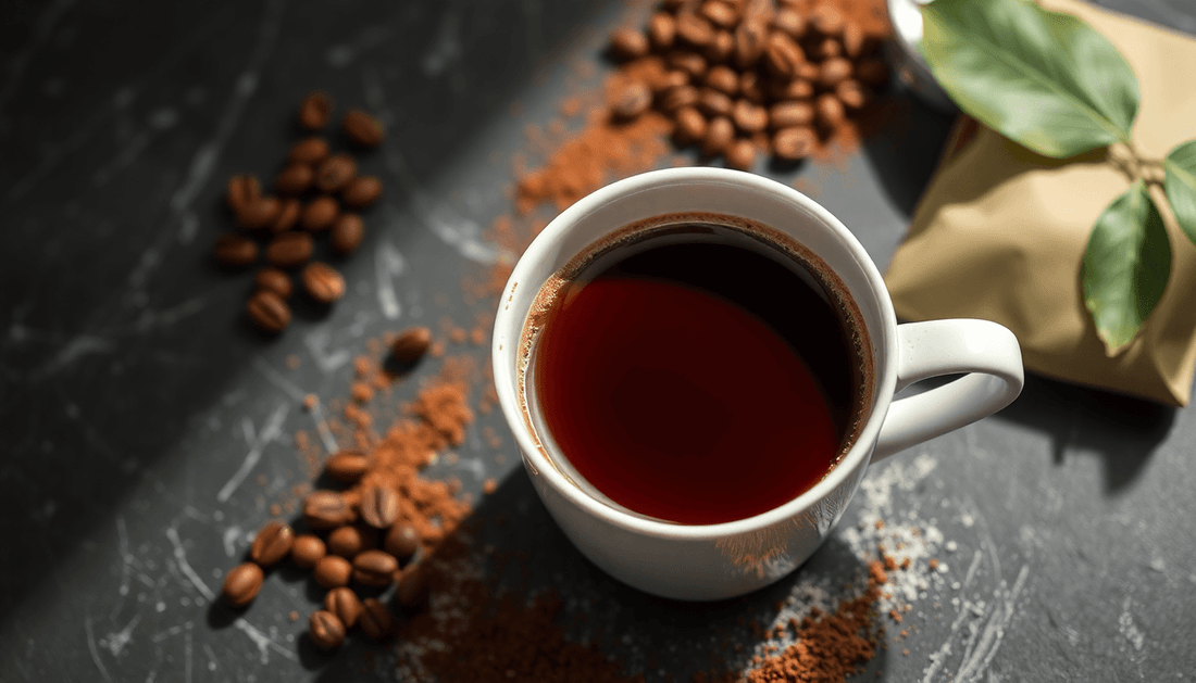A cup of rich instant coffee with coffee powder pack