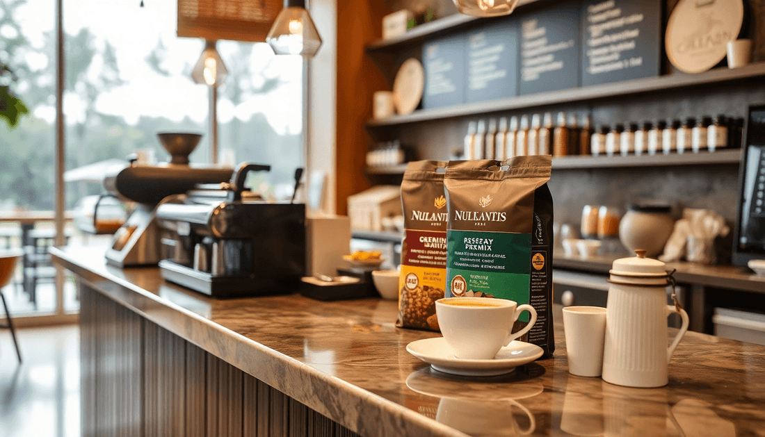 A cafe counter with Atlantis Nukkad Tea Premix pack
