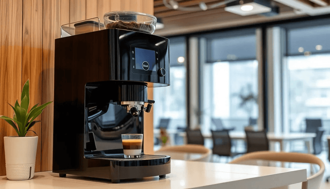 Modern coffee machine in an East Delhi office setting