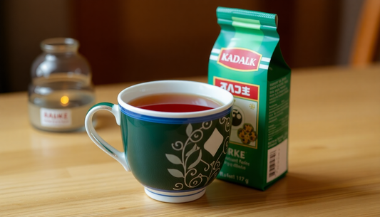 A cup of instant tea with Burke Kadak packaging