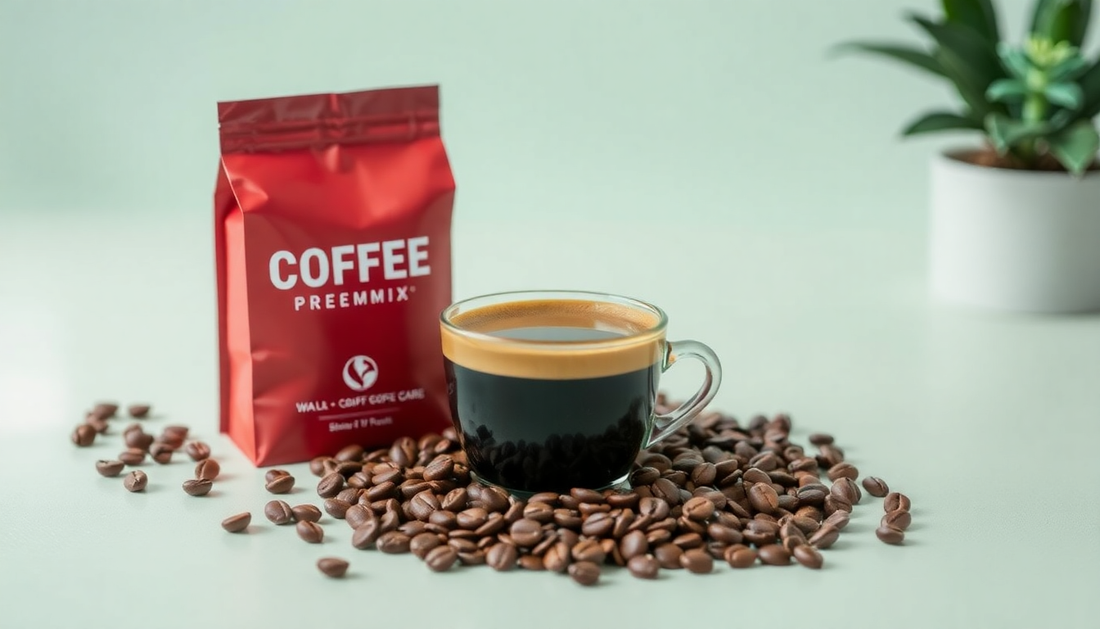 Red packet of coffee premix for offices with a cup of coffee and coffee beans on a white surface