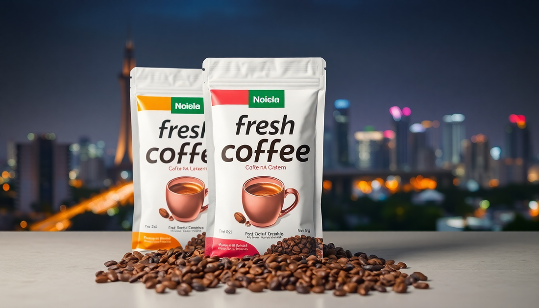 Fresh coffee premix packets with Noida city background