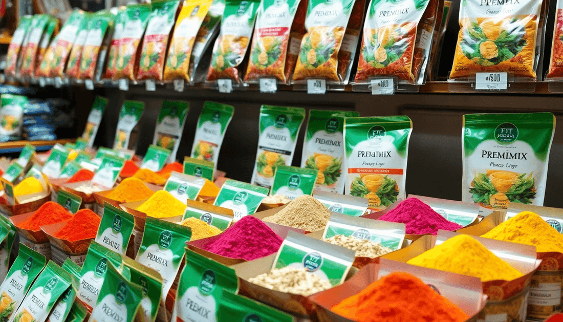 A vibrant display of premix tea powder packets in market