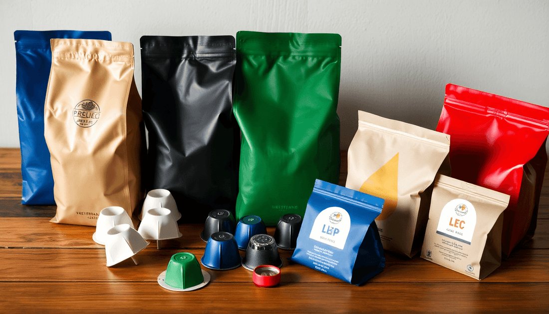 A variety of coffee bags and pods on a wooden table
