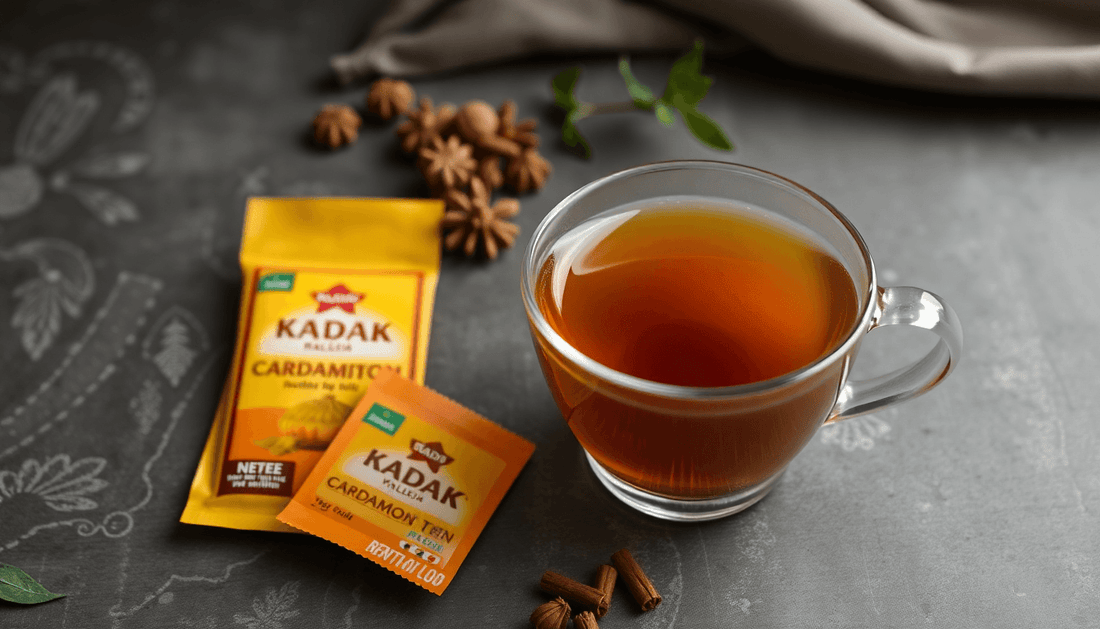 A cup of kadak cardamom tea with tea premix packets