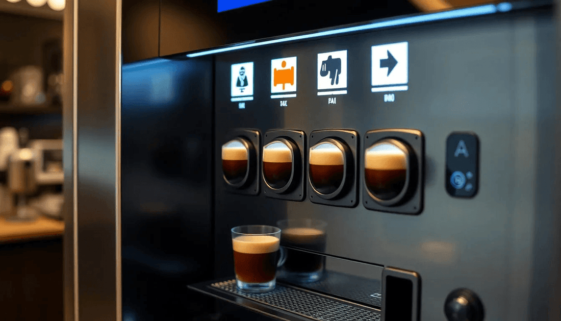 A sleek coffee vending machine dispensing espresso
