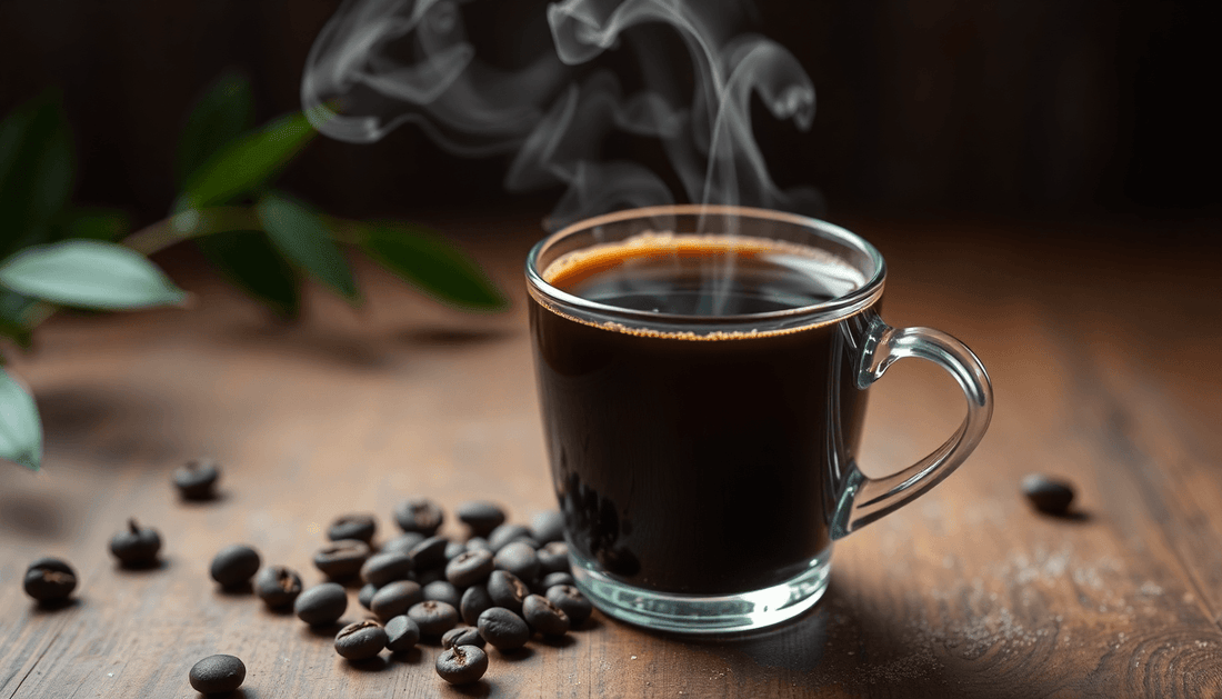 A steaming cup of strong black roast coffee
