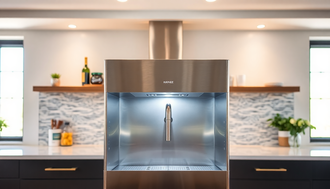 Modern stainless steel water dispenser Noida installed in a stylish kitchen with marble backsplash and wooden shelves