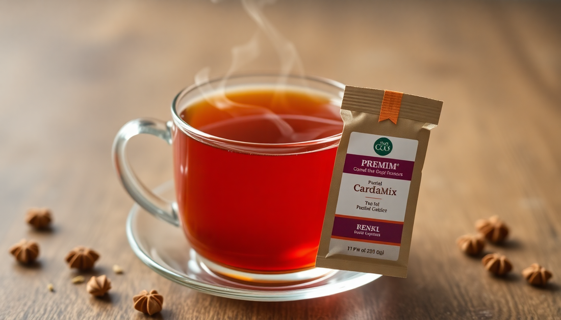 A steaming cup of cardamom tea with tea premix packet