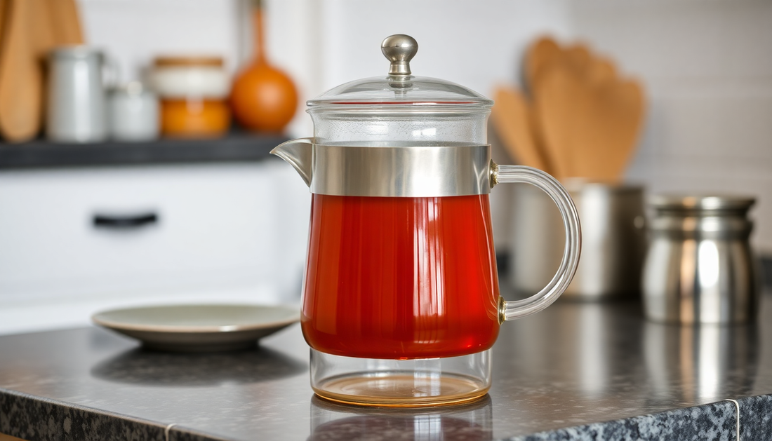 Classic chai brewing pot with built-in mesh on kitchen counter