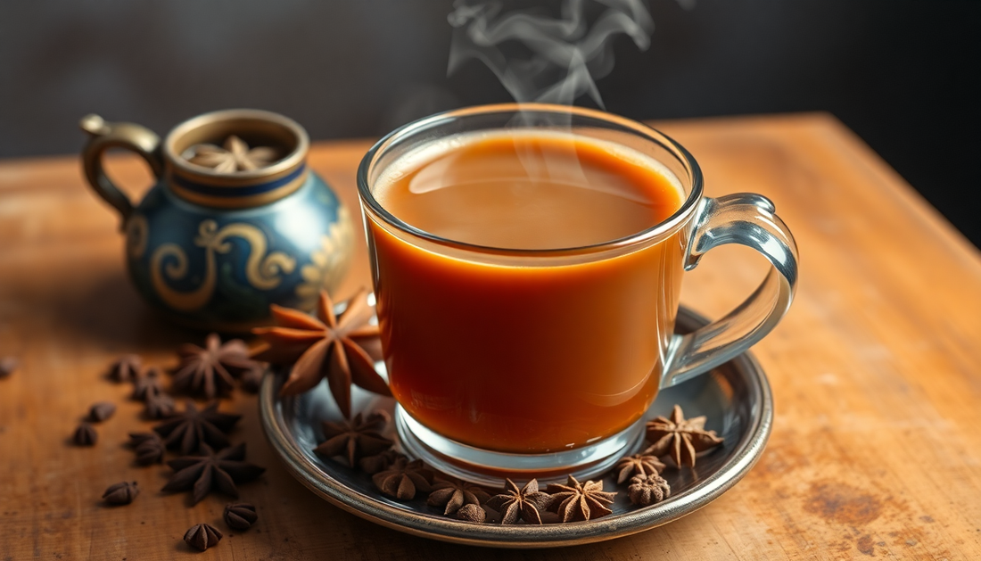 A steaming cup of Mumbai masala chai with spices