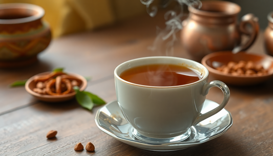 A steaming cup of spiced masala tea on a wooden table