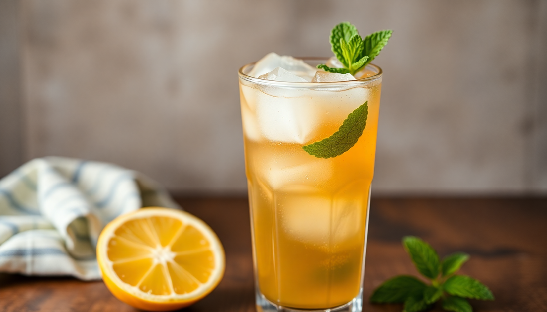 A tall glass of masala nimbu pani with ice and mint