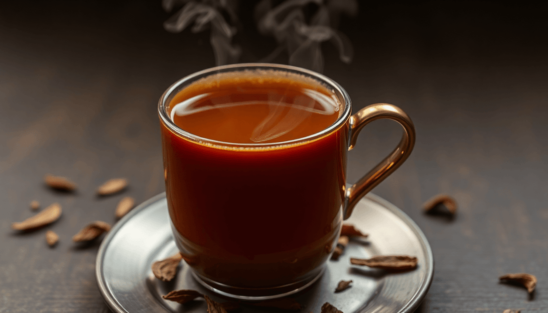 A steaming cup of strong kadak chai with tea leaves