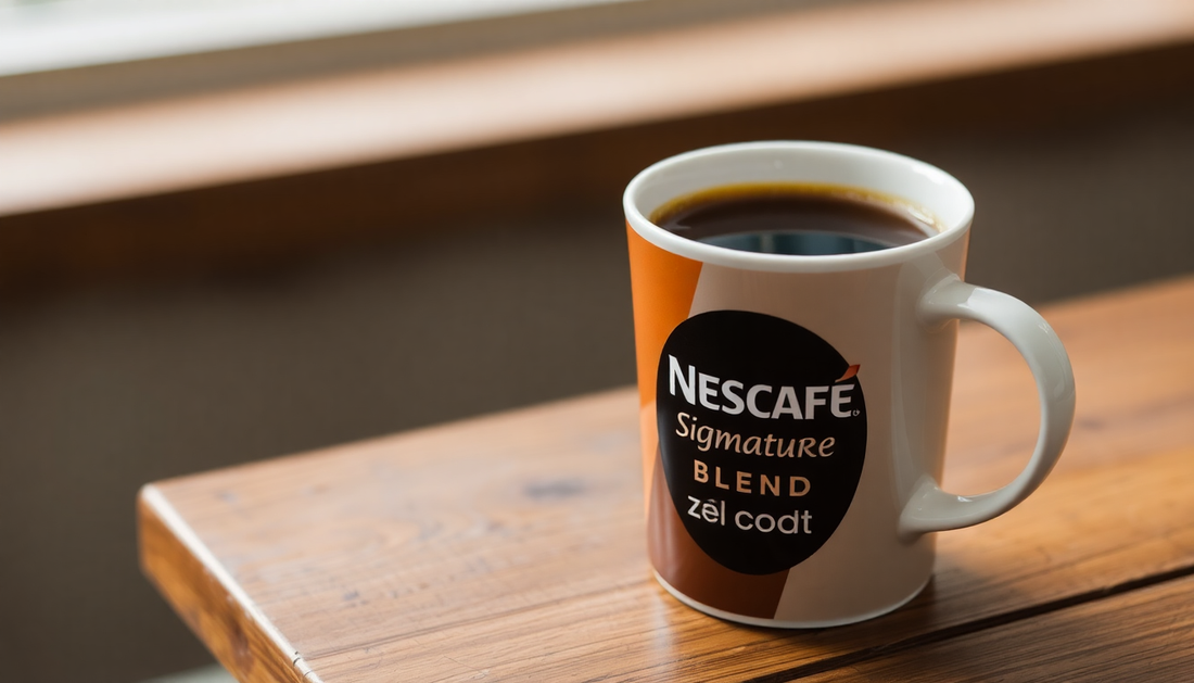 A cup of Nescafe Signature Blend coffee on a wooden table