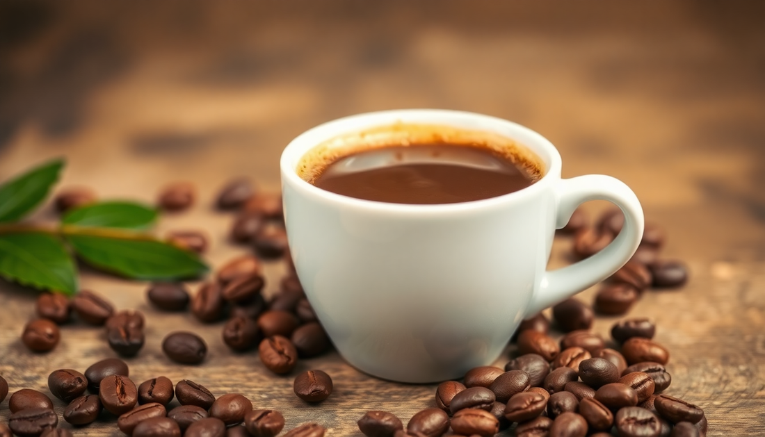 A cup of 3 in 1 instant premix coffee with coffee beans