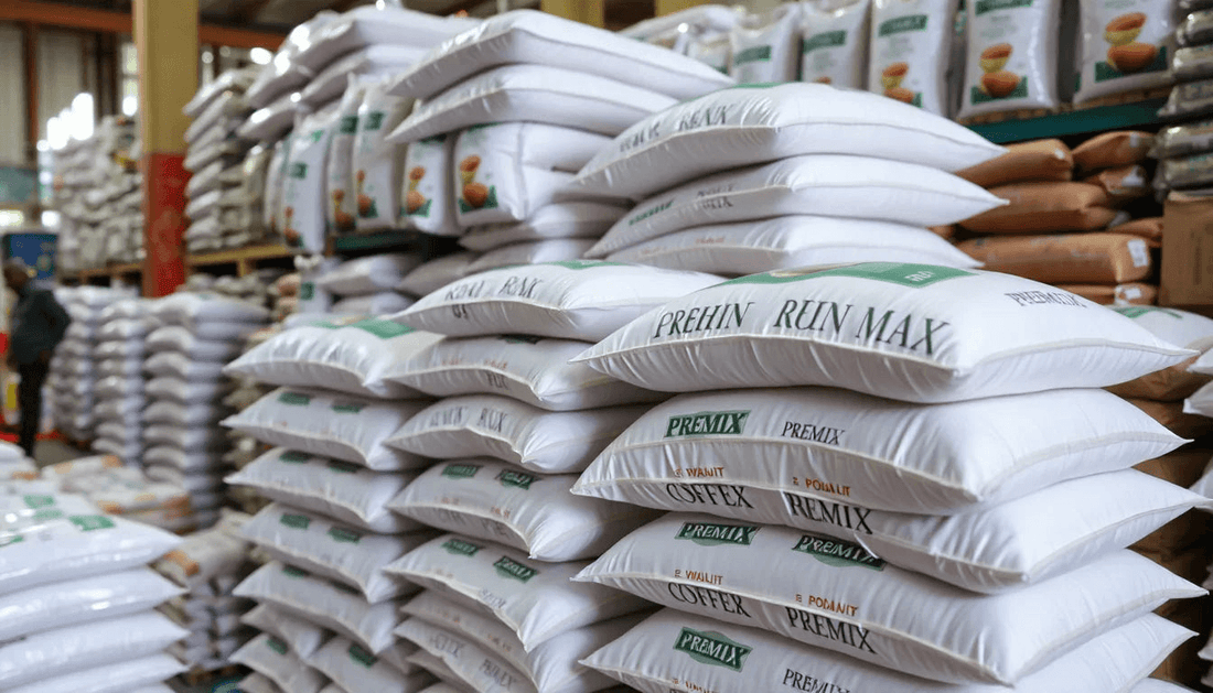 Coffee premix bags stacked in a Mumbai warehouse