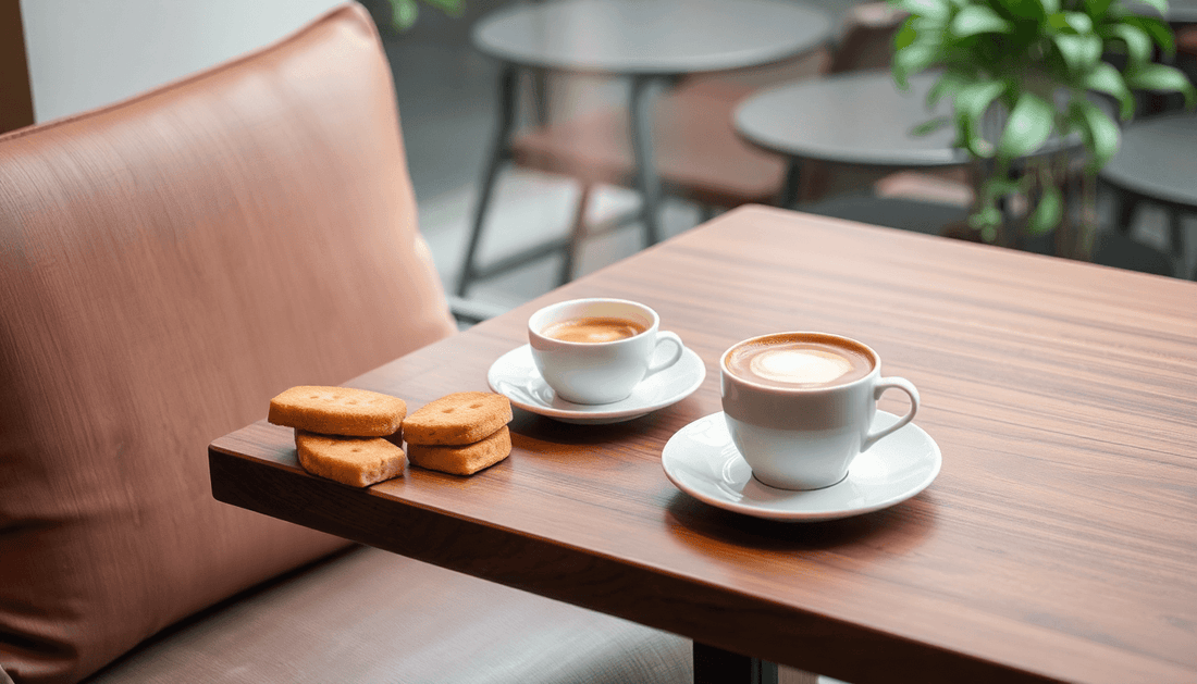 A cozy café table with coffee and snacks