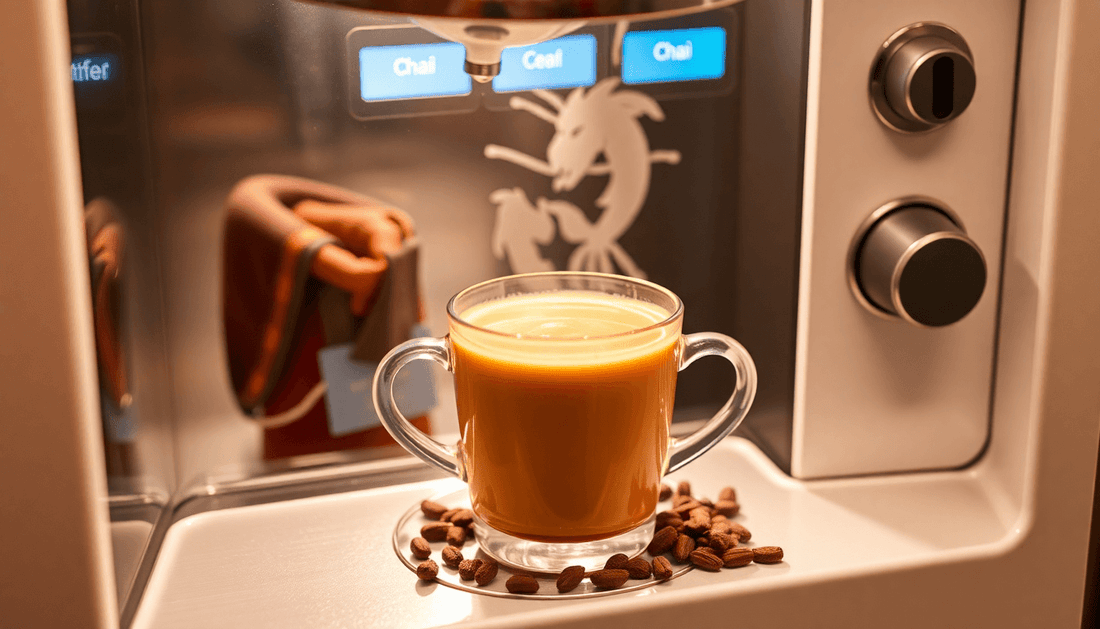 A steaming cup of instant chai with tea vending machine
