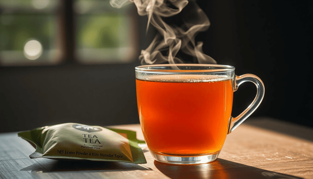 A cup of steaming tea with tea powder packet